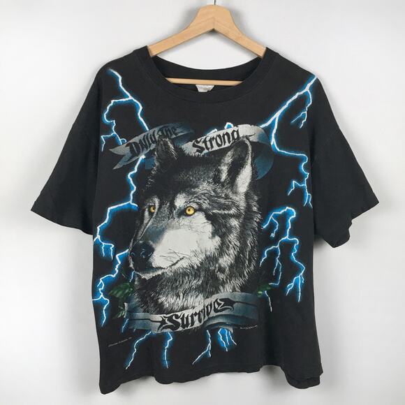 Vintage American Thunder Wolf Only the Strong Survive T Shirt Distressed AOP Tee - Picture 1 of 16